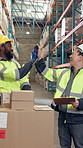 Logistics, men and high five with smile in warehouse for supply chain or distribution success. Happy, male people or celebration with checklist or boxes for winning, good news or teamwork in depot