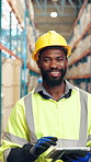 Tablet, man and face of supply chain worker in warehouse with confidence for logistics career. Happy, about us and portrait of distribution manager with pride for cargo, delivery or shipping.