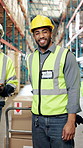 Face, man and smile at warehouse with boxes, inventory and supply chain for stock delivery. Portrait, people and happy in storage with trolley pallet, shipping dispatch and cardboard for distribution