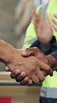 Applause, logistics and deal with handshake in warehouse for shipping or distribution success. People, colleagues or shaking hands with team clapping in depot for supply chain partnership or b2b