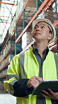 Man, logistics or inspection with tablet in warehouse for inventory, storage or quality assurance. Male person, supplier or distributor checking stock with technology for supply chain or distribution