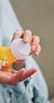 Hands, pills and person sick in home with healthcare, prescription or antibiotics for virus. Woman, bottle or container with medication for chronic illness, medicine or tablets for treatment at house