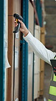 Woman, hands and scanner with box in warehouse for logistics, price check or barcode. Female person, employee or scanning package with tablet or technology for quality assurance in storage depot