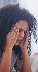 Woman, headache and sick in home with pain, discomfort or health condition with chronic sinus. Female person, agony or illness with migraine, tension or pressure with burnout, dizziness or vertigo