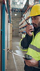 Man, logistics and radio with checklist in warehouse for inventory inspection or quality assurance. Male person, supplier or distributor talking with signal for stock check or supply chain in depot