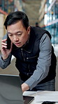 Logistics, man and phone call in warehouse with laptop, order confirmation and update for shipping. Supply chain documents, manager and person in depot with tech, contact and discussion for export.