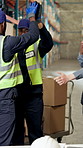 Logistics, team and high five in warehouse with success, shipping target achievement and milestone. Happy, people and celebration in depot for supply chain goals, collaboration and completed export.