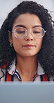 Review, glasses or woman in office with laptop, web research or budget insight for funding pitch. Business, eyewear or financial consultant with tech, forecast plan or proposal report for investment.