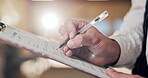 Clipboard, hands and writing with person in carpentry warehouse for manufacturing or production. Checklist, inventory and paperwork with man in woodworking factory for agenda or schedule management