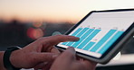 Balcony, hands and scroll outdoor with tablet screen, data analysis and real estate housing market. Evening, bokeh and person planning in city with tech, graphs or statistics for property investment.