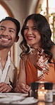Love, couple and selfie on restaurant date for memory, capture moment and romance with happiness. Man, woman and picture at diner with smile, connection or anniversary photo for social media update