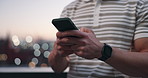 Phone, hands and person in city for online communication, text and update on vacation with bokeh. Mobile, typing and man outdoor for holiday post, notification or social media message with connection