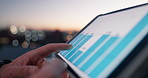 Balcony, hands and worker in city with tablet screen, data analysis and real estate housing market. Evening, bokeh or person scroll outdoor with tech, graphs or realtor with property investment stats