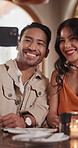 Love, couple and selfie at restaurant with smile for memory, capture moment and laugh with romance. Happy man, woman and picture at diner on date, care and anniversary photo for social media update