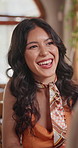 Happy, hospitality and talking with woman in restaurant for connection, dating or relationship. Conversation, fine dining and romance with person in luxury establishment for commitment or discussion