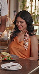 Plate, waiter and woman in restaurant with smile for hospitality, service or supper as customer. Meal, serving and thank you with happy person in food establishment for cuisine or fine dining