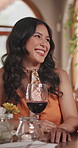Funny, talking and wine with woman in restaurant for anniversary, dating or romance. Alcohol, conversation and laughing with happy person in luxury establishment for celebration of relationship