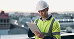 Architect, man and writing in city with tablet, plan building construction and research on balcony. Bokeh, person and tech outdoor with online checklist, stylus and digital design for architecture.
