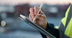 Architect, hands and drawing in city with tablet, internet and AI for planning building construction. Bokeh, person and outdoor with stylus, tech innovation and digital illustration for architecture.