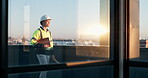 Architect, thinking and man outdoor for urban development planning, vision or future at worksite. Engineer, blueprint and glass window on building balcony for construction, remodeling or expansion