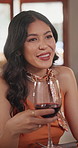 Happy, talking and wine with woman in restaurant for anniversary, dating or romance. Alcohol, bonding and conversation with happy person in luxury establishment for celebration of relationship