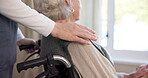Nurse, hand and comfort for old woman in wheelchair, assisted living and support for senior patient. Nursing home, caregiver and sympathy for elderly person with disability, healthcare and wellness