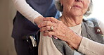 Caregiver, trust and holding hands with old woman in wheelchair, senior care or comfort for patient. Nursing home, wellness and support for elderly person with disability, help and bonding with nurse