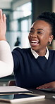 Business people, high five and woman in office with smile, success and celebration or excited. Employees, group and consulting agency in workplace with good news, proposal approval and together
