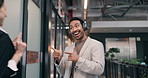 Greeting, headphones and happy with business man in office for welcome, energy and streaming. Excited, smile and music with employee walking in agency for hello, arrival and positive attitude