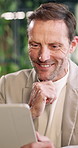 Tablet, smile and reading with business man for planning, insurance policy and coverage report. Premium claims, risk assessment agent and online review with mature person and tech in agency for email
