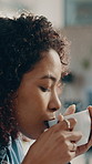 Businesswoman, smell and drinking coffee in office with morning beverage, caffeine and finance job. Financial consultant, person and tea break in workplace with aroma, steam or reflection for career.