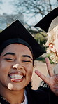 Graduate, face and selfie with friends, peace sign and memory for academic achievement and pictures. Happy people, bonding and celebration for graduation, photography and social media post at college