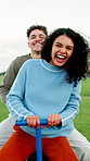 Face, fun and laughing with couple on seesaw in park for holiday, vacation or weekend. Happy, portrait and pov with person at outdoor playground in nature for date with energy, excitement or wellness