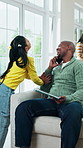 Disturb, remote work and child with dad on a phone call, tablet and talking for business in home. Attention, family and girl with bored, frustrated or waiting for father on tech for freelancer career
