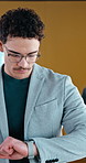 Office, businessman and check watch for time, thinking and arms crossed for financial vision. Wristwatch, person or consultant with company schedule, investment idea or walk with corporate confidence