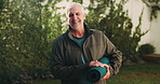 Face, smile and old man with yoga mat in garden for holistic wellness, health or practice. Portrait, yogi or person with exercise equipment at backyard for pilates, fitness and active retirement