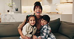 Mom, face and hug with children on sofa in home for holiday, bonding or protection together. Portrait, mother and kids with smile, care or embrace on living room couch for love or weekend in house