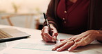 Hands, woman and signature in home with document, application and agreement for financial loan. Person, laptop and writing at house with paperwork, finance contract and compliance form for investment