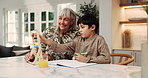 Grandmother, helping and child in home with abacus, math lesson or counting for education. Senior woman, tutor and kid at house with notebook, learning support and calculating beads for study session