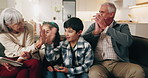 Grandparents, kids and high five with tablet for online learning, education or streaming in home. Grandpa, grandma and children with technology together for network, connection or success in house