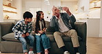 Children, grandfather and play with toy in home, bonding together and development on sofa. Grandparent, kids or elephant figurine in lounge for connection, playful siblings or funny family with smile
