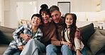 Family, children and face with hug on sofa for comfort, bonding or weekend together in home. Portrait, mom and dad with kids, smile or embrace on couch for childhood, holiday break or love in house