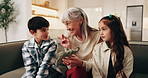 Children, grandmother and learning with toy in home, bonding together and development on sofa. Grandparent, kids or miniature elephant in lounge for animal facts, education and talking with family