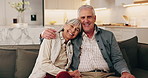 Face, old couple and relax in home with smile, love and support for bonding together on sofa. Portrait, senior people and rest on couch with embrace, partner affection and comfortable for retirement