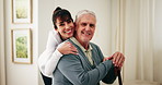 Face, hug and caregiver with senior man in home for support, comfort or good news on treatment. Smile, portrait and medical worker embracing elderly patient for trust at consultation in house.