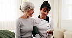 Caregiver, test and old woman in retirement home for blood pressure machine, medical advice or help. Senior person, healthcare worker and talk in bedroom with equipment, hypertension exam or support.