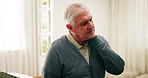 Home, discomfort and senior man with neck pain from disc disease, chronic stiffness and massage. Retirement, pensioner and muscle tension in house from pinched nerve, osteoarthritis and inflammation