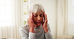 Home, massage and senior woman with headache from hypertension, discomfort and chronic pain. Retirement health, pensioner and tension migraine in house from high blood pressure, vertigo and dizziness
