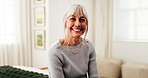 Wellness, face or senior woman on bed with smile, positive attitude or weekend break with unwind. Wellbeing, portrait or old person in home with confidence, good mood or satisfaction in retirement.