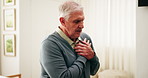 Stress, chest pain and senior man in home with discomfort, angina or heart attack symptoms. Respiratory illness, medical emergency and elderly person with cardiac problem, asthma or artery disease.